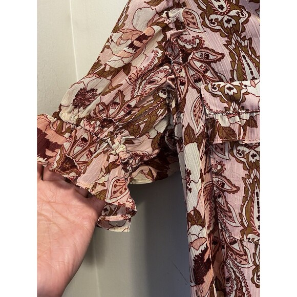 MISA Los Angeles Lara Brown Beige FloralShort Sleeve Collared Blouse Size XS - Picture 3 of 11